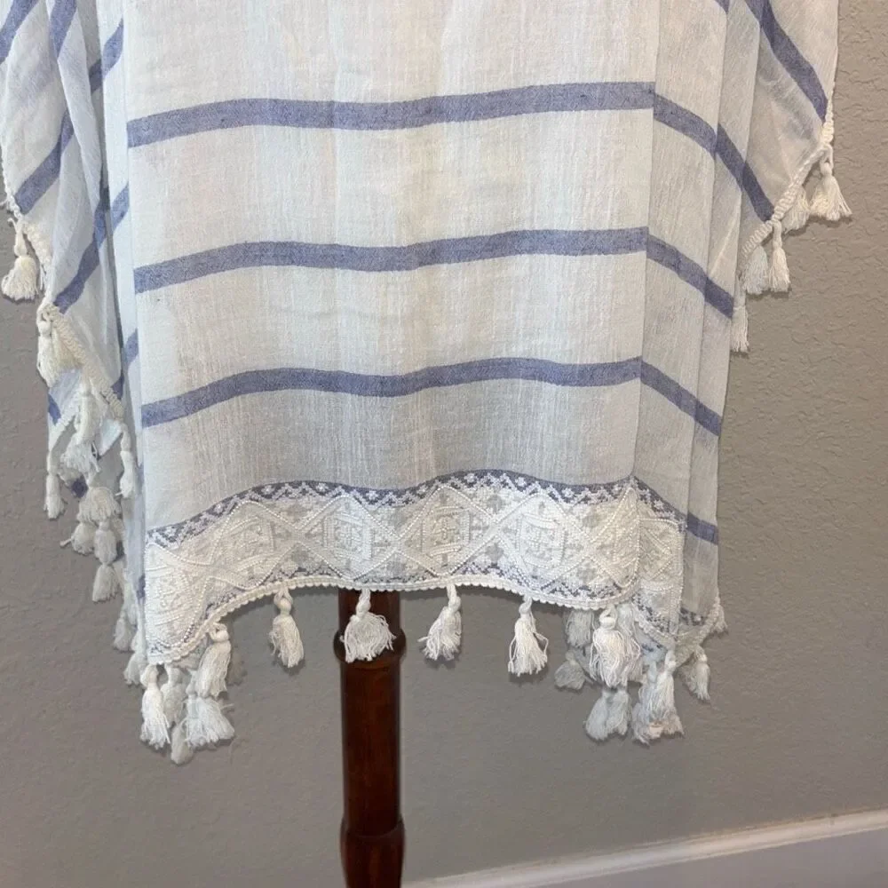 Chicos striped blue/white tassel trim poncho/kimono shirt/top cover up L/XL